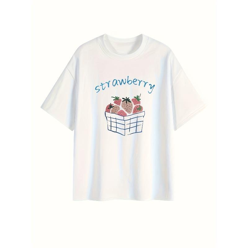 

Cartoon Strawberry Blue Letter Trendy Printed ShortSleeve TShirt for Women New Summer Fashion Women Clothing Vintage S