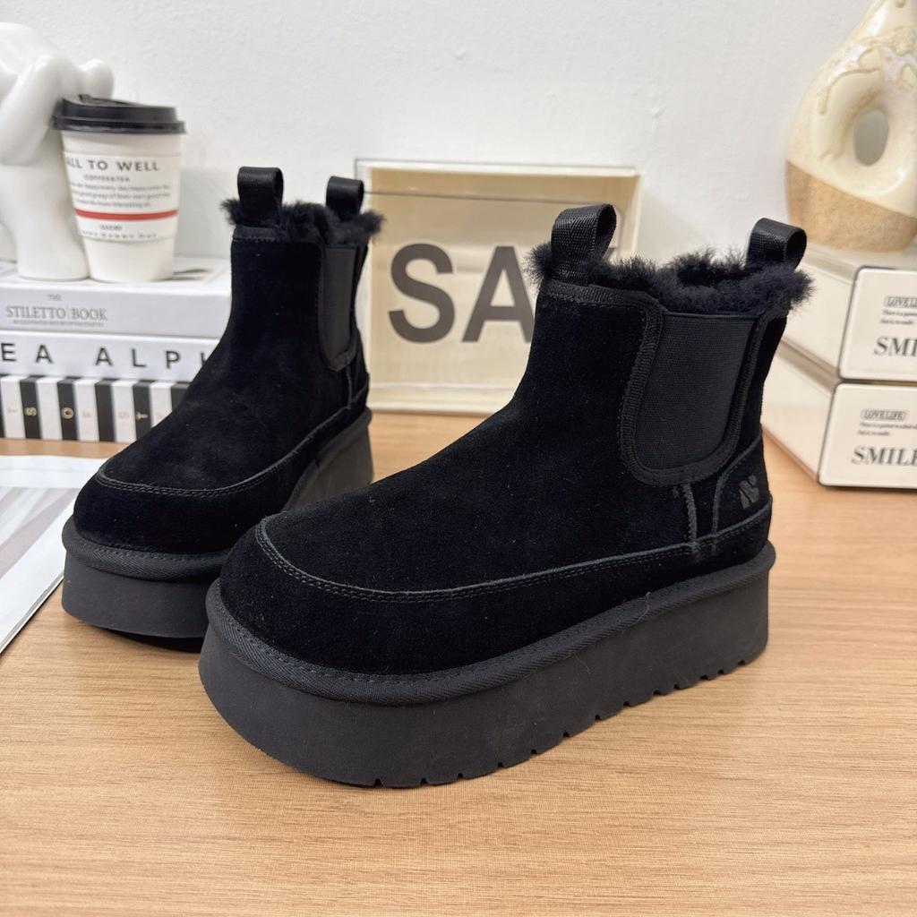 Frosted Leather Big Head Snow Boots Women's Winter Velvet Warm Thick-soled Short Chelsea Boots Fluffy Cotton Boots