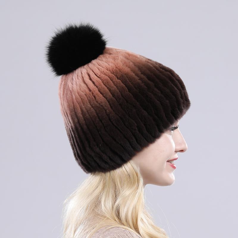 Winter hat Good elasticity women knitted 100% real rex rabbit fur cap with fox fur pompoms Natural rex rabbit fur lady warm hats
