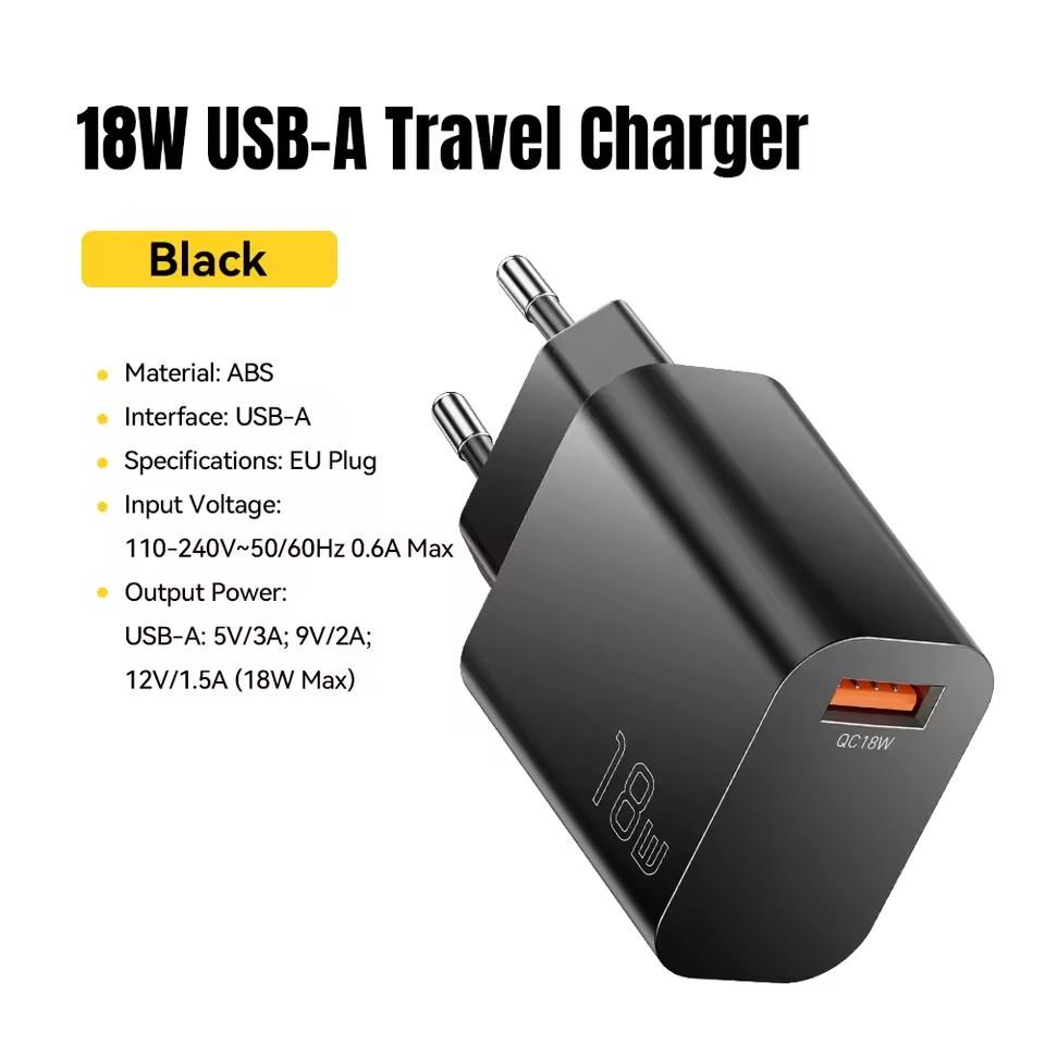 

Essager 18W QC3.0 USB A Charger USB Quick Charge 3.0 Fast Wall Charger for Samsung S24 Huawei Xiaomi iPhone Mobile Phone Charger EU Plug чёрный