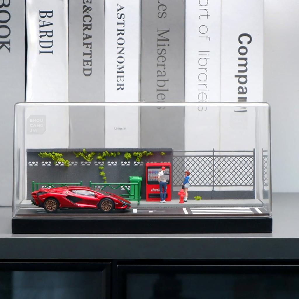 Shoucangjia Display Case for Tomica, Hot Wheels, Matchbox Cars 1:64 Scale Model Garage with Dust Cover, Street Fence Scene Diorama Parking Showcase