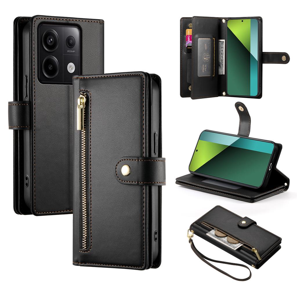 DF-011 For Xiaomi Poco X6 5G/Redmi Note 13 Pro 5G Case PU Leather Zipper Pocket Cover with Straps