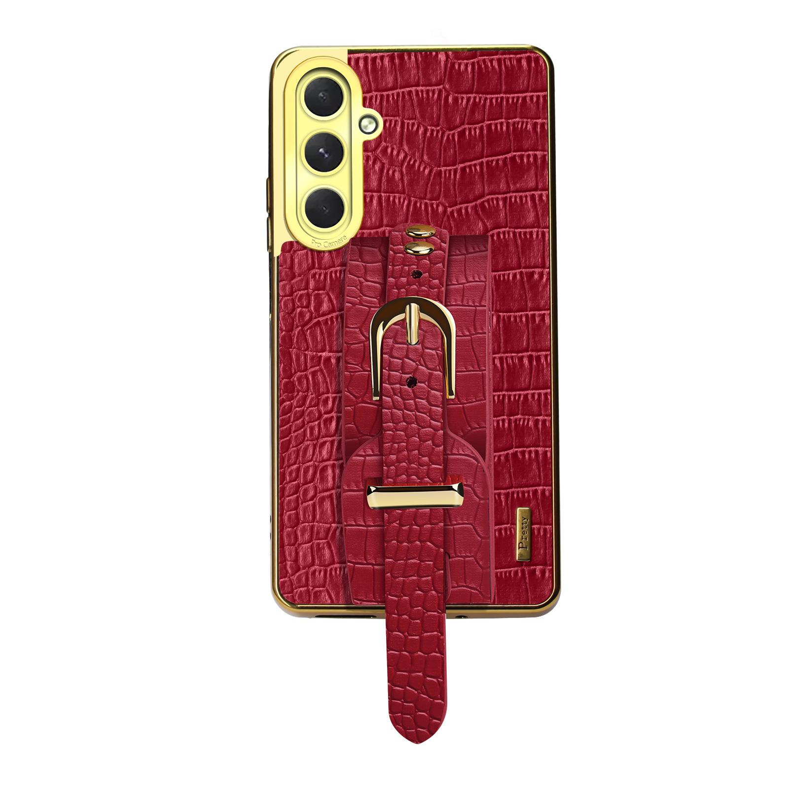 

For Samsung Galaxy S24 FE Case Wristband Kickstand PU Leather+TPU 6D Electroplating Phone Cover Red