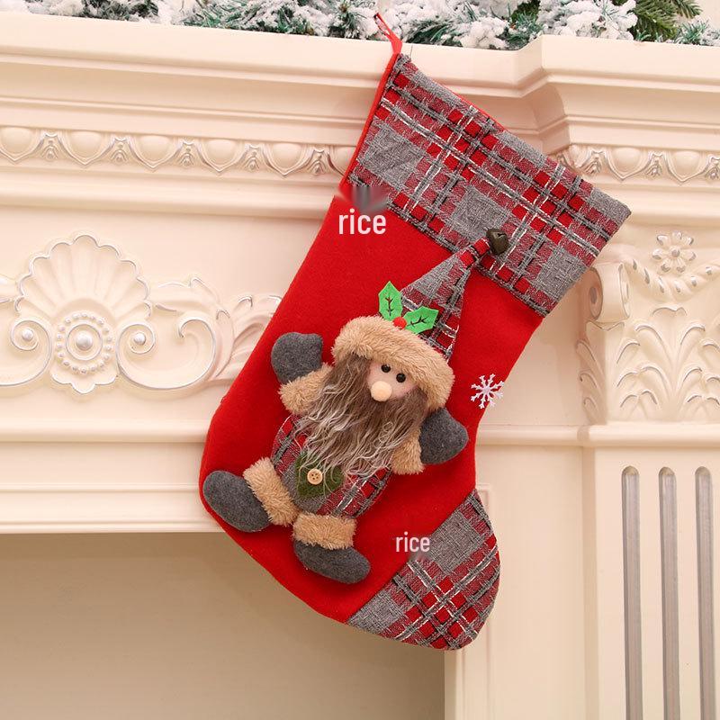 Large Stereo Christmas Stocking Gift Bag with Santa and Bells Plaid Design