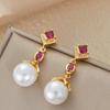 Sweet Romantic Inlaid Rose Red Zircon Imitation Pearl Pendant Earrings for Ladies Exquisite  Holiday Party Jewelry Gift