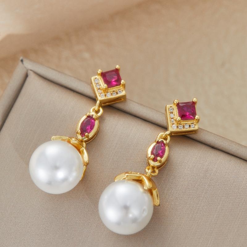 Sweet Romantic Inlaid Rose Red Zircon Imitation Pearl Pendant Earrings for Ladies Exquisite  Holiday Party Jewelry Gift