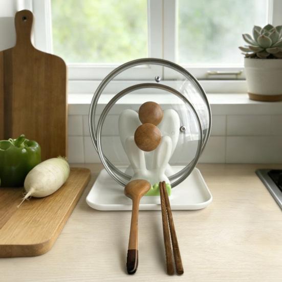 Pot Lid Organizer, with Drain Tray Double-Layer Card Slot, Cute Bunny Ears Shape Organizer, for Kitchen Pot Lids And Spatulas