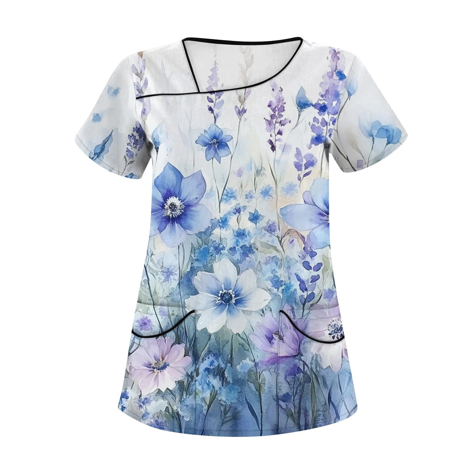 

Женская повседневная рабочая одежда с короткими рукавами и наклонным воротником с принтом и двойными карманами XL синий