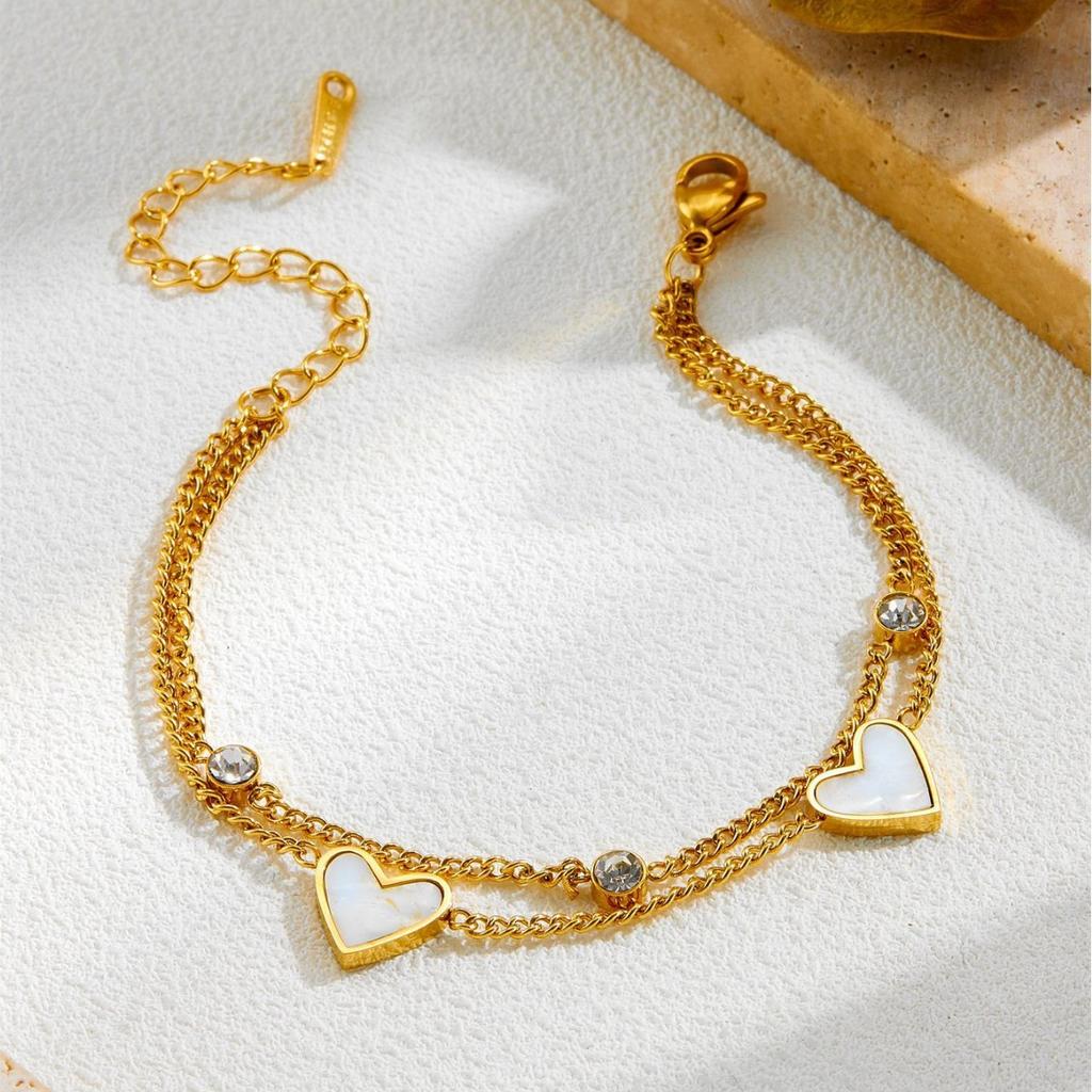 Stainless Steel Gold-Plated Double-Layer Heart Bracelet French Retro White Mother of Pearl Minimalist Luxury Jewelry