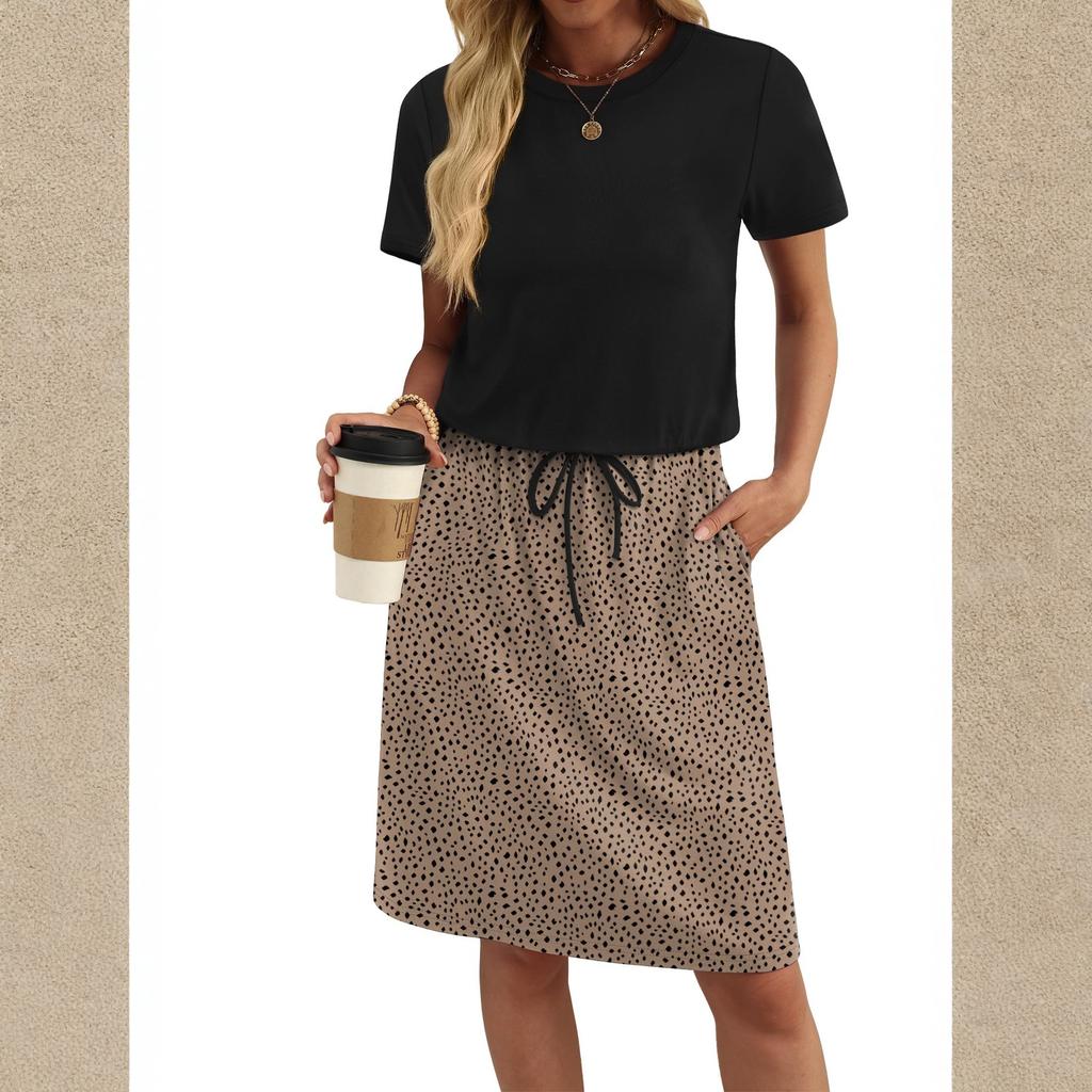 Letnie Sukienki Damskie Modne Krótki Rękaw Dekolt Okrągły T-shirt Sukienki Codzienne Wiązanie w Pasie Z Kieszeniami