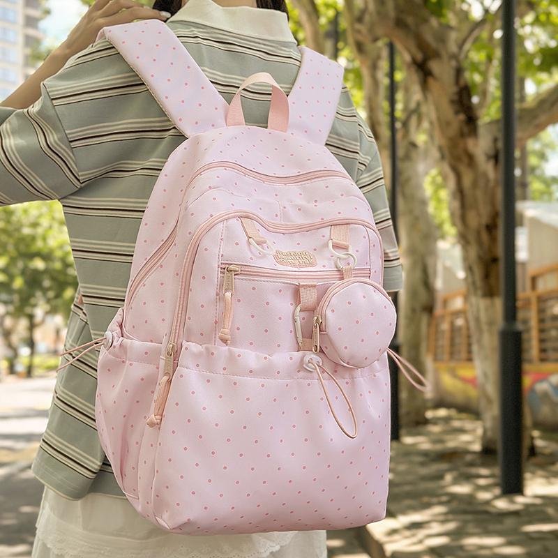 Women's Wave Point Print Backpack Junior High School Student Schoolbag Large Capacity Backpack with Coin Purse