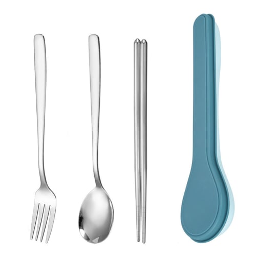 Stainless steel 3-piece cutlery set including chopsticks, fork, and spoon. Lightweight and convenient, portable tableware set with a convenient case f