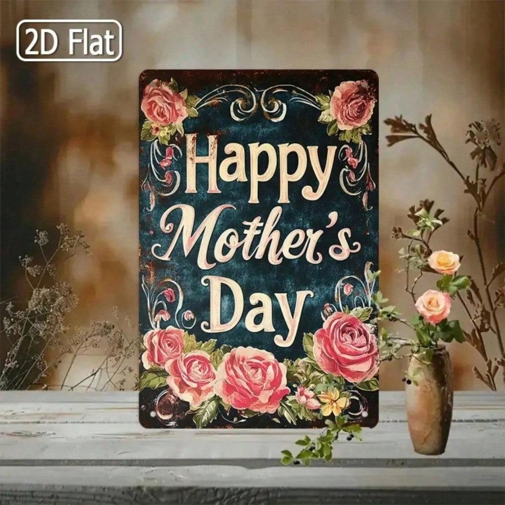 Vintage Mother's Day Tin Sign 8x12 Inch Pink Roses Floral Metal Wall Decor Rustic Farmhouse Gift