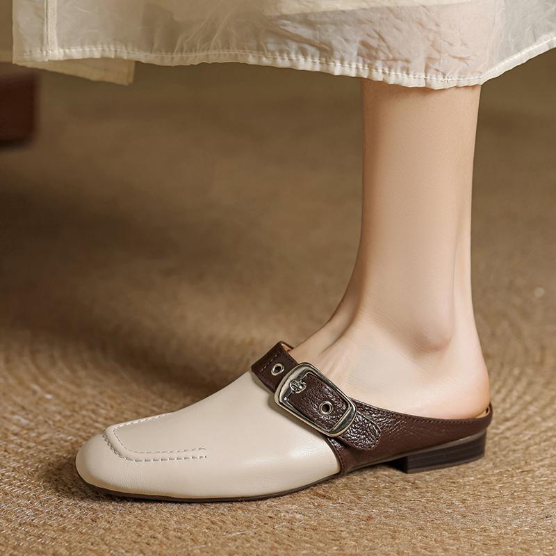 

Fashion 2025 NEW Summer Women Mules Genuine Leather Shoes for Women Round Toe Low Heel Shoes Cover Toe Slingback Sandals Slippers 34 бежевый