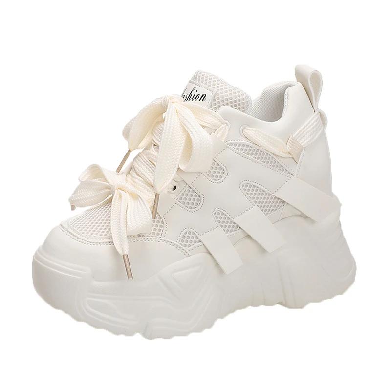 Fashion Women Autumn Leather Sneakers 10CM Heels White Mesh Casual Shoes New Fashion Woman Trainers Lace-Up Breathable Platform Sneakers