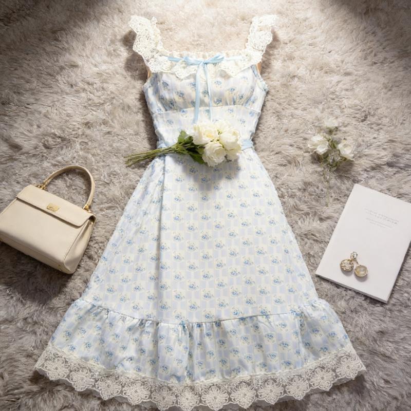 Spring Sweet and Thin Flying Sleeves Long Dress Trendy Waist Floral Dress Women's Coffee Break French Square Collar New