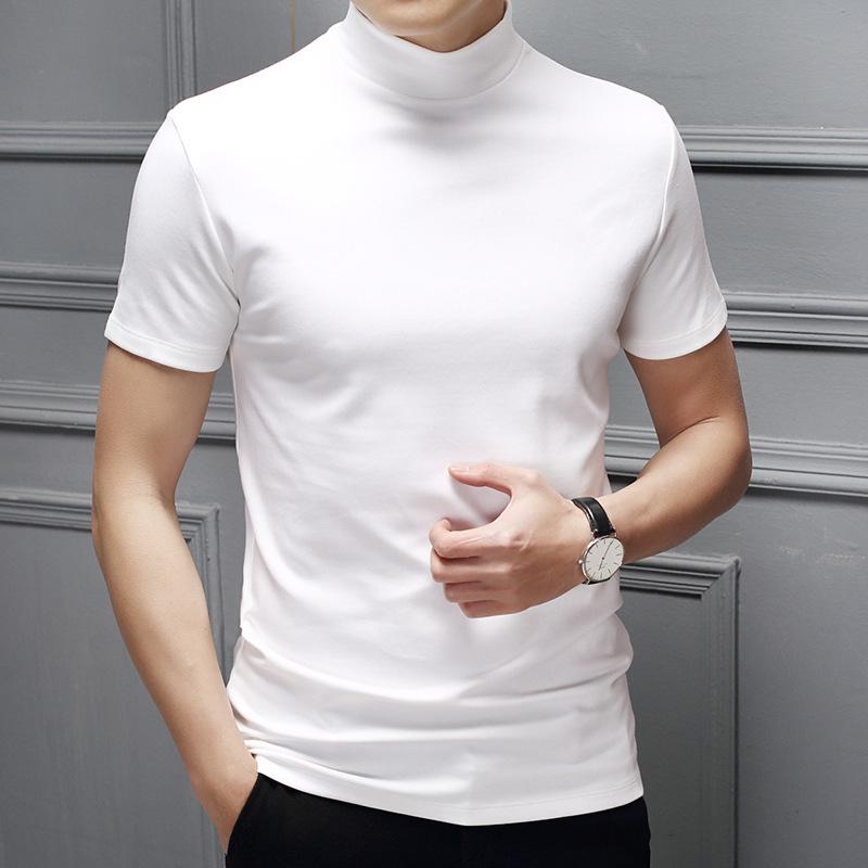 Men's Spring/Summer Milk Silk Turtleneck T-Shirt - Slim Fit, Solid Color, Short Sleeve