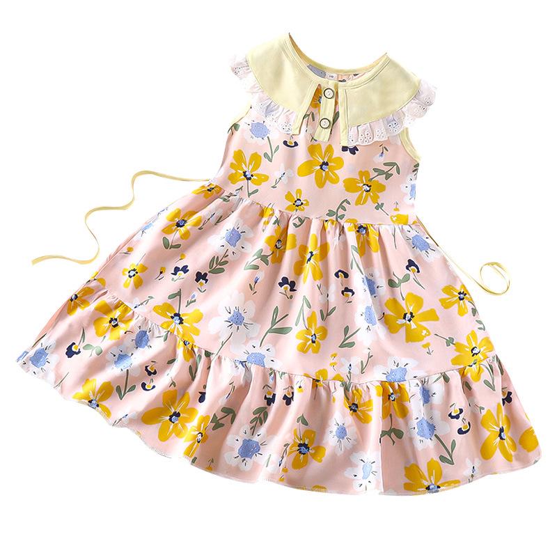 Summer Girls' Sleeveless Floral Princess Dress - Cotton Silk Blend for Outdoor Wear