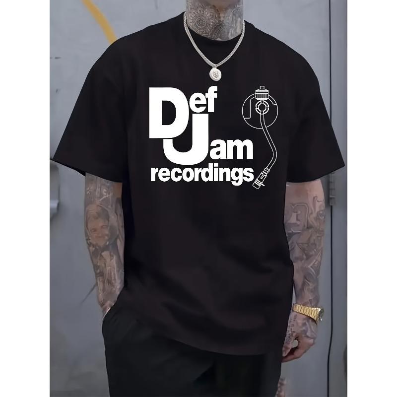 

European Size Black t-Plus Size Men s Clothing shirt with Def Jam Recordings white text print, microphone graphic design, urban style S чёрный