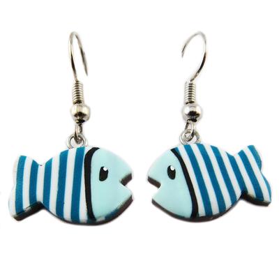 [R1271] - Handmade Earrings 'Columbine & Harlequin' Blue (fish) - 16x11 Mm