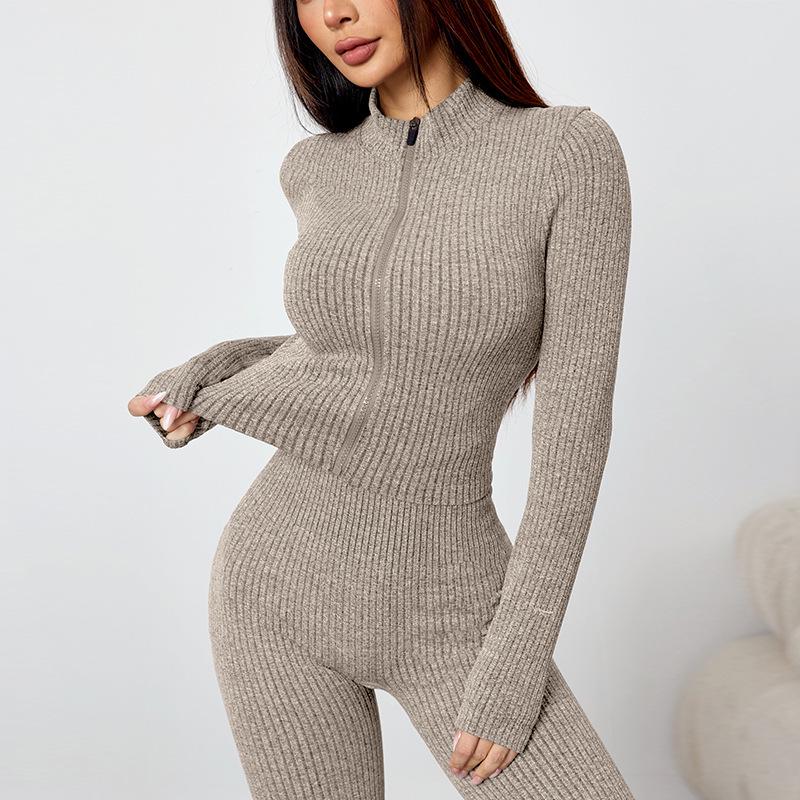 

Жіночий ribbed комплект для йоги на блискавці: Приталений костюм з двох частин на осінь та зиму - Ідеально підходить для бігу, спорту та повсякденного носіння S хакі