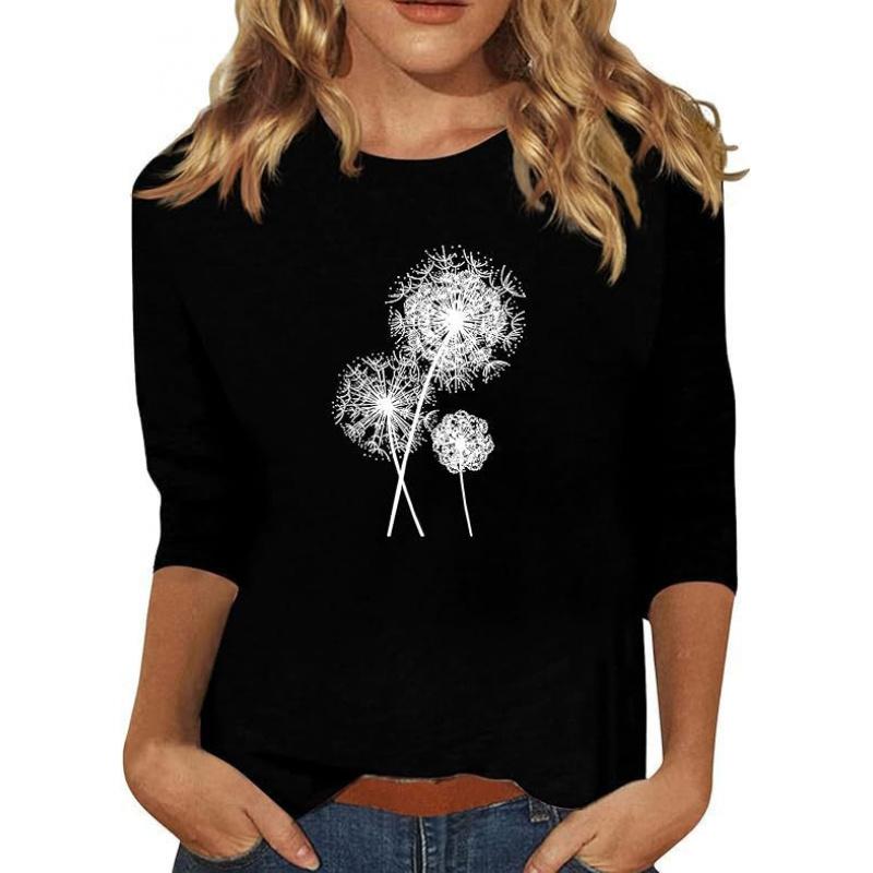 Spring and Summer New Women's Slim Fit Imitation Cotton Round Neck Printed Solid Color Three-quarter Sleeve Long Sleeve