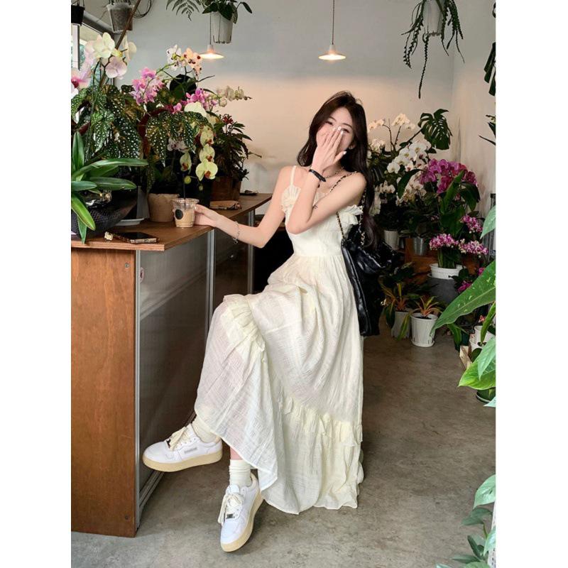 Summer 2025 Women's Ruffle Strap Sundress - Sweet French Waist-Slimming Long Dress