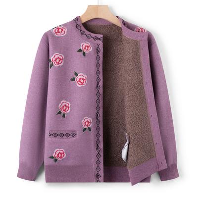 Mittelalte und ältere Mütter tragen Herbst Neue Samt Verdickter Pullover Oma trägt Strickjacke Bedrucktes Oberteil Lässige Jacke