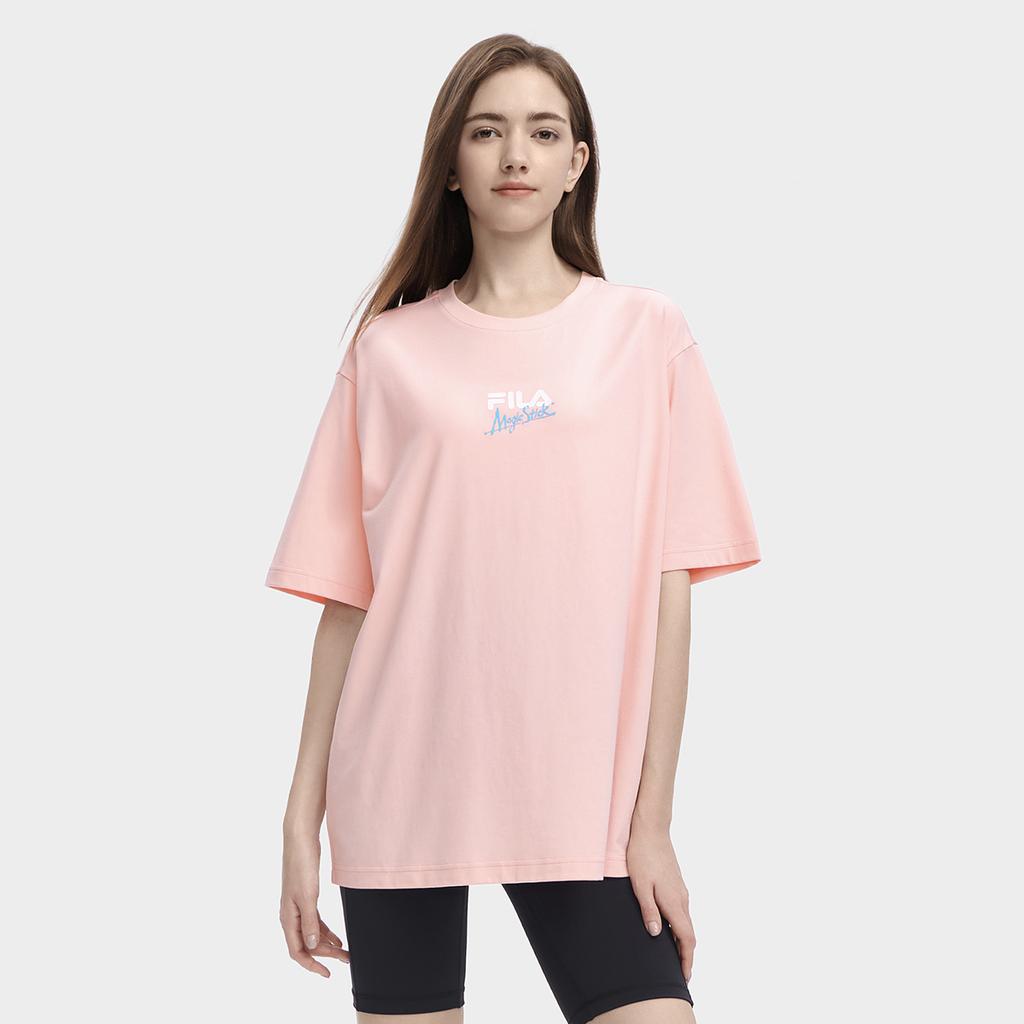 FILA X Magic Stick Collaboration American Vintage Crew Neck Letter Print Short Sleeve T-Shirt Unisex Tops Pink F11U329101F-PK