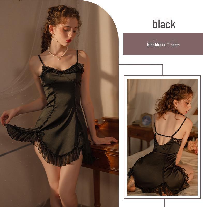 Xin Yiying Sexy Hluboký V Francouzská krajka Bez zad Noční košilka Set se špagetovými ramínky