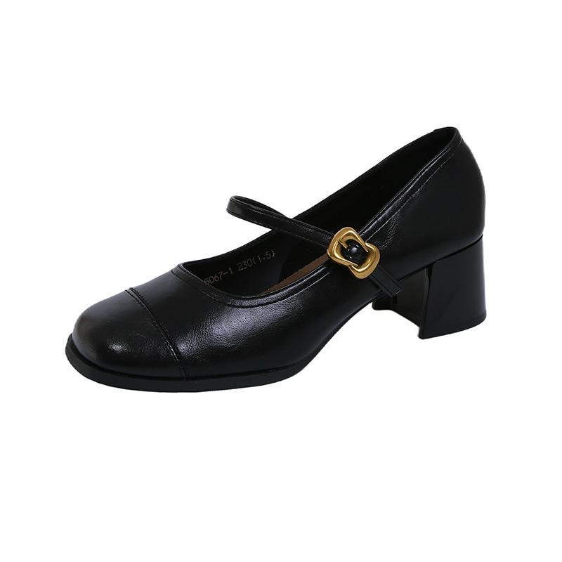 

Мягкая кожа с туфлями Мэри Джейн женские осенние новые одинарные туфли ретро кофейные толстый каблук маленькие кожаные туфли 40 чёрный