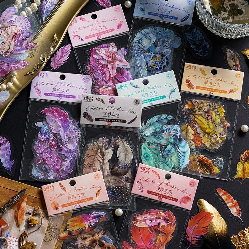 Office School Supplies PET Sticker Pack Feather Book Series Retro Waterproof Handbag DIY Collage Decoration Materials