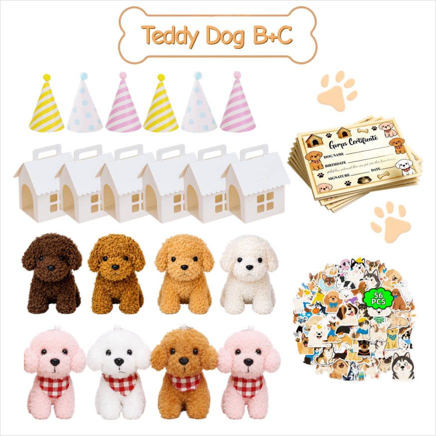 8-24Set Teddy Dogs DIY Adopt A Puppy Party Favors Mini Plush Puppy Stuffed Dogs with House and Stickers for Birthday Party Gifts