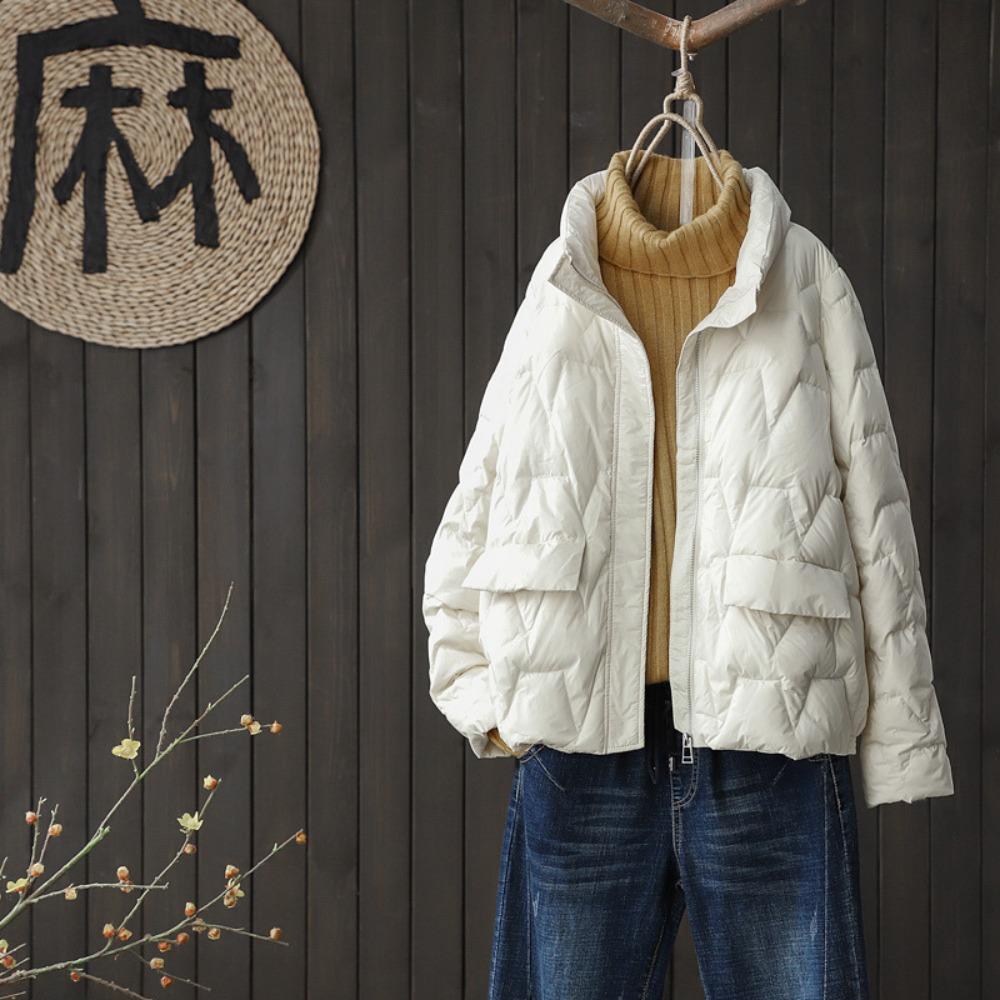 Women's Stand Collar Long Sleeve Loose Fit Casual Lightweight Short Down Jacket Puffer Coat