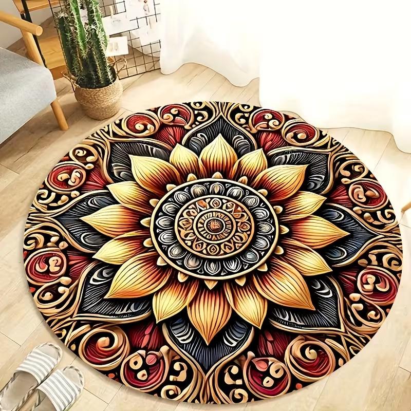Boho Mandala Round Rug Visual Style Ethnic Lotus Sunflower Print Soft Non Slip Circle Mat for Living Room Bedroom Yoga Decor