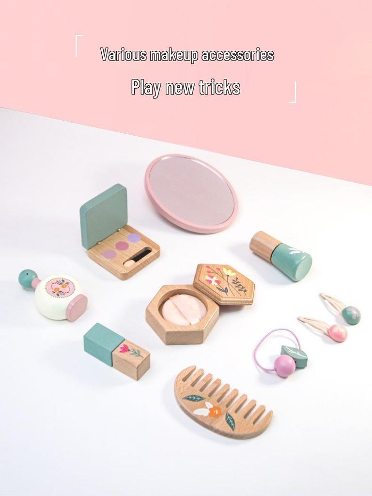 Korean-Style Wooden Makeup Toy Set for Girls: Colorful Eyeshadow, Powder, Lipstick & Perfume