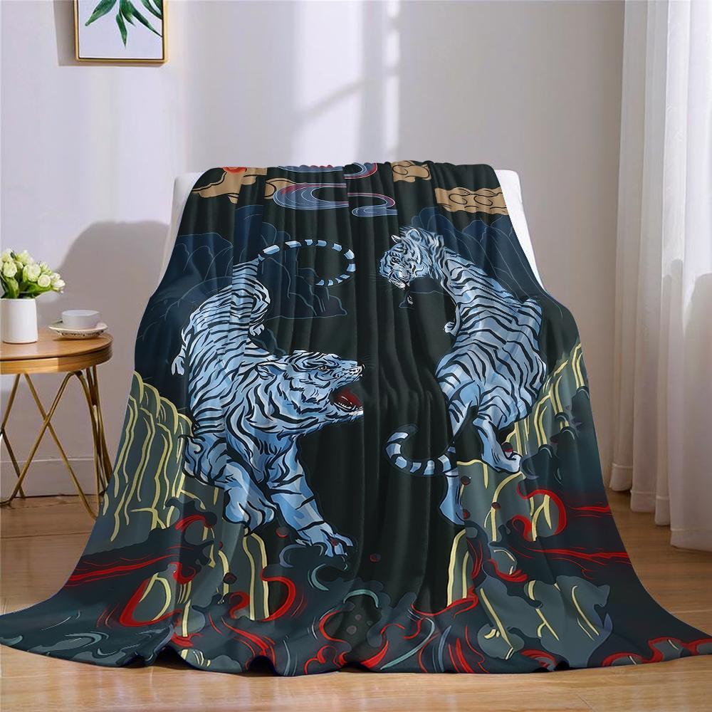 Dual Blue Tigers Flannel Blanket Warm Soft Halloween Christmas Couch Warm Cozy Decorative Decor Gift for All Season
