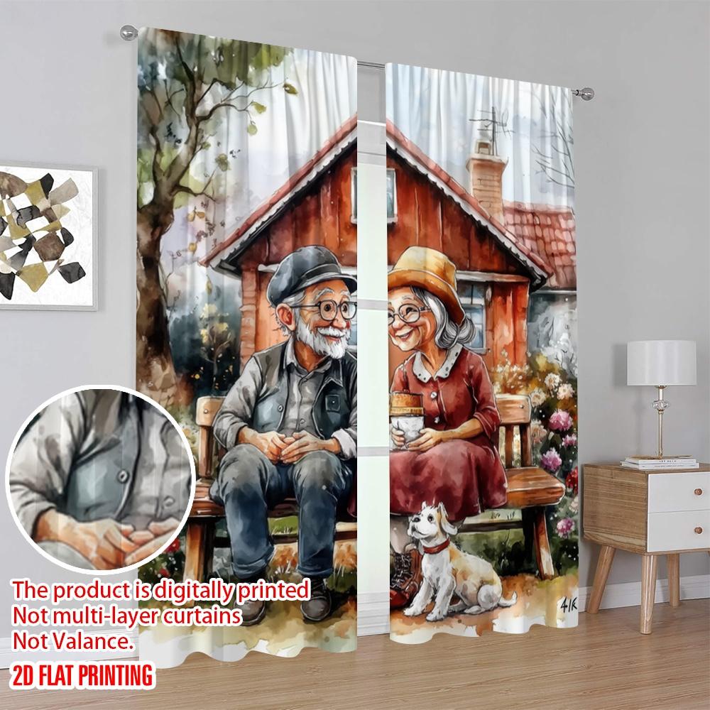 2pcs,2D plane printing Curtains&Window Treatment Cozy Cottage Scene Versatile Polyester Fabric (without rod) Outdoor Decorations