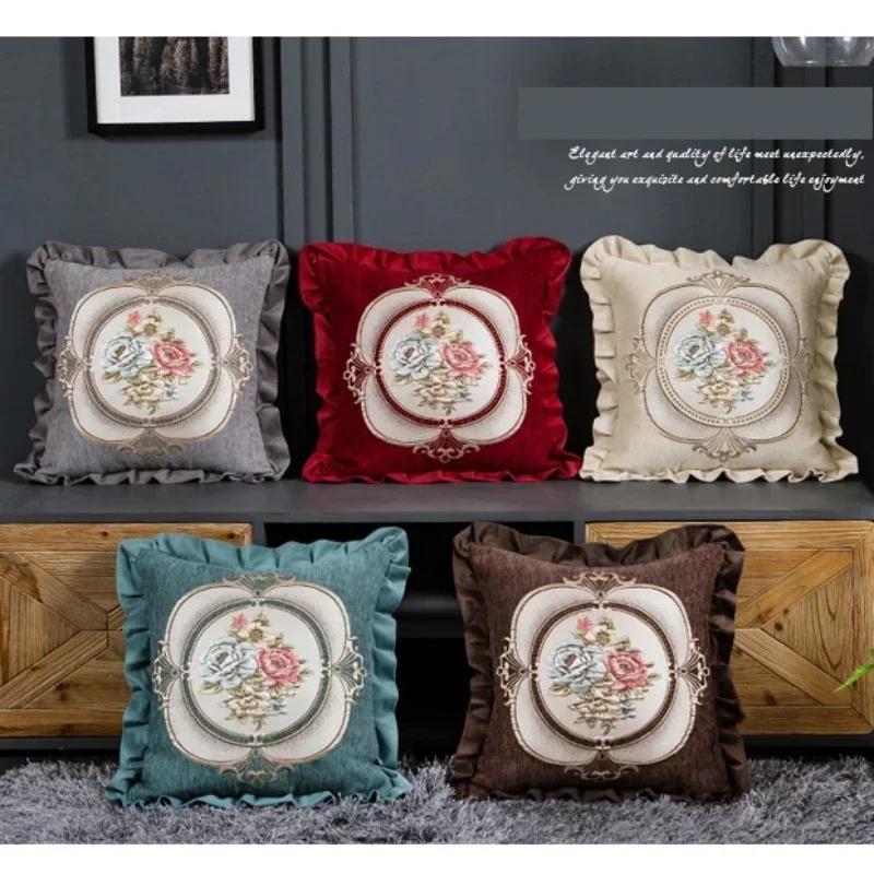 Jacquard Flower Cushion Pillowcase Retro European Style Living Room Sofa Backrest High Precision Embroidery Cushion Cover 45*45