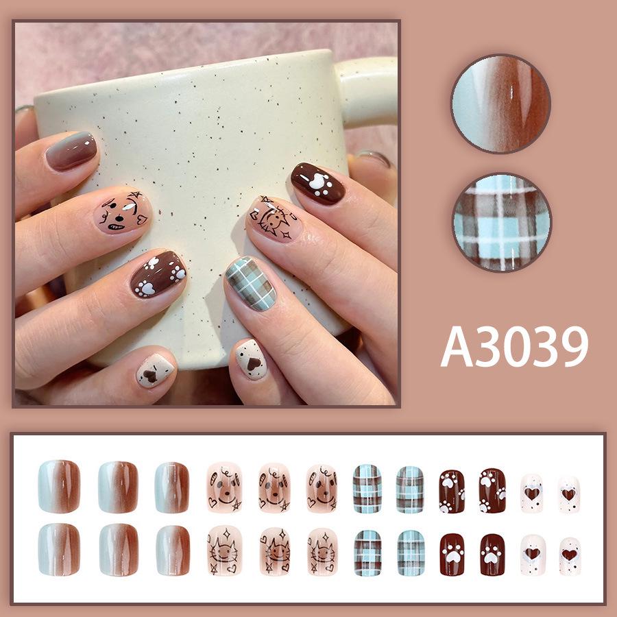 Cartoon Cat & Puppy Gradient Plaid Square False Nail Tips – 24 Detachable Pieces