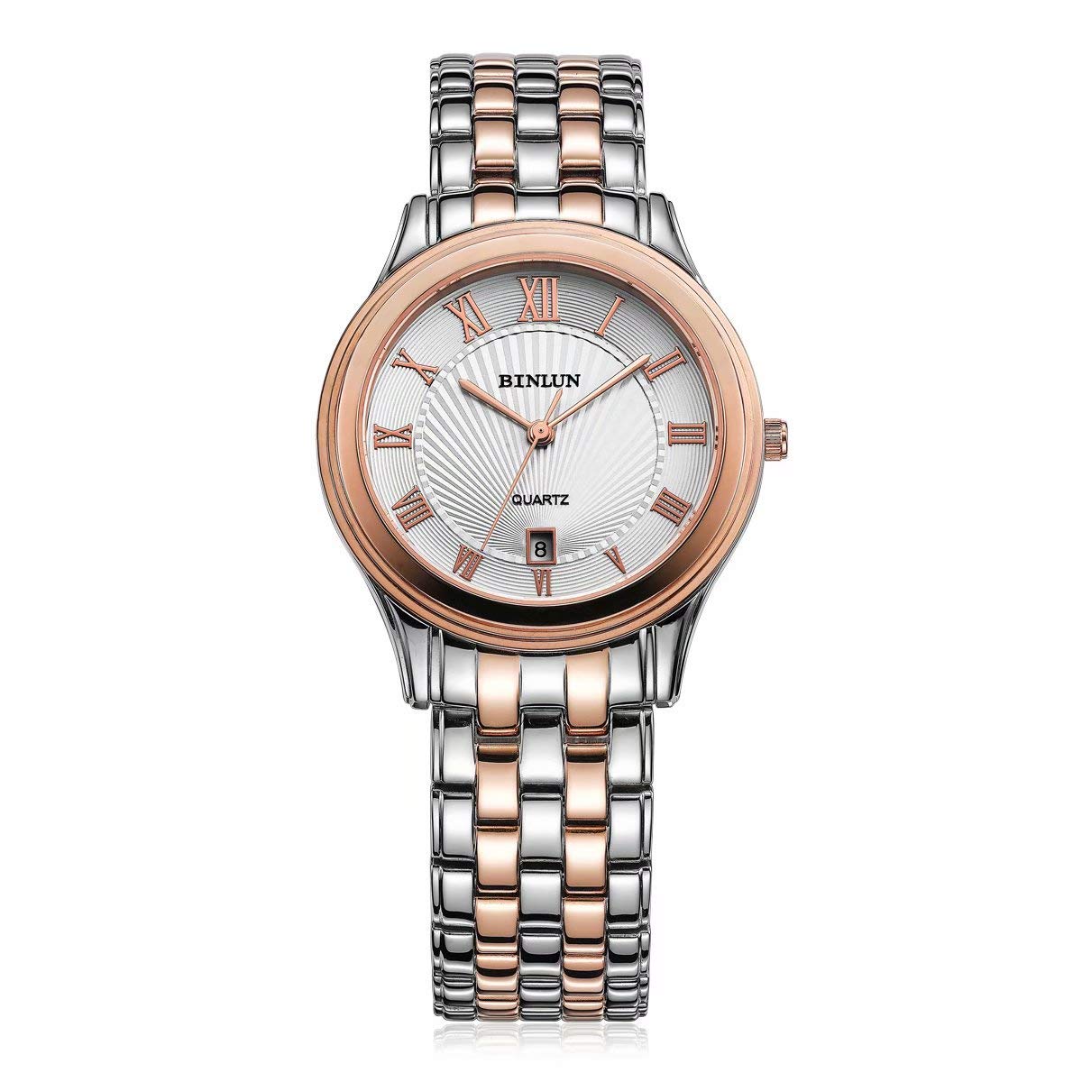 

Мужские кварцевые часы BINLUN, серебристо-розовое золото, нержавеющая сталь, водонепроницаемые, отображение даты, белый циферблат, подарок на День святого Валентина
