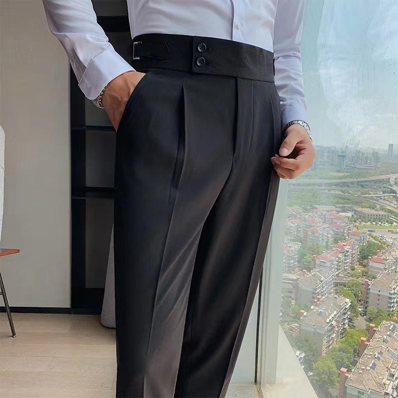 Men's Gray High-Waist Slim Fit Nine-Point Straight Trousers - 2024 Spring/Summer Business Casual.