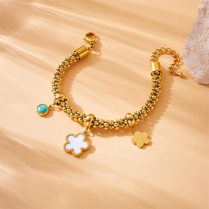 Gold Tone Popcorn Chain Bracelet with White Clover and Turquoise Charms