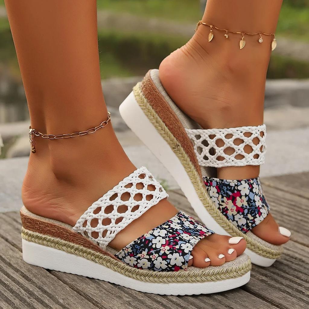 Fashion Hollow Out Weaving Wedge Sandals for Women 2025 Summer Print Platform Slippers Woman Thick Sole Non Slip Casual Sandalias Mujer