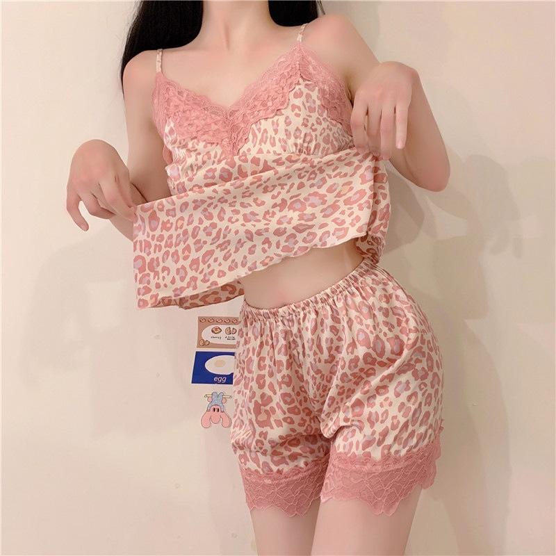 Real shot summer sexy pajamas pink leopard print ins suspender splicing lace thin pajama set women's ice silk