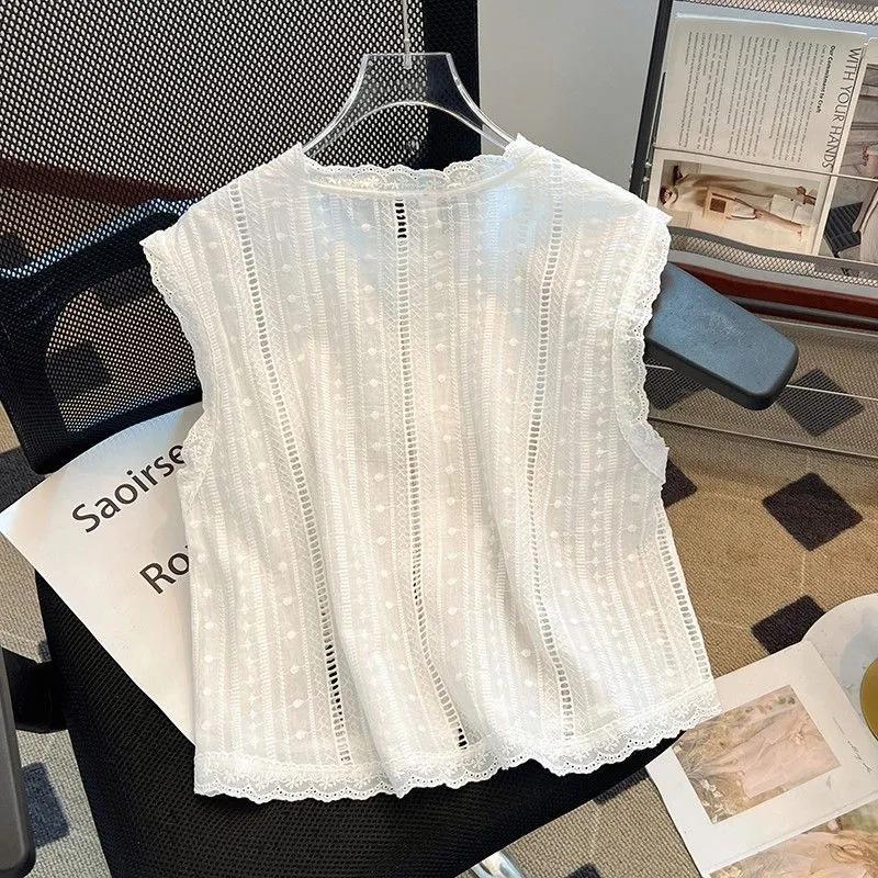 Women s White Lace Ruffle Trim Vertical Hollow Sleeveless Casual Blouse M белый