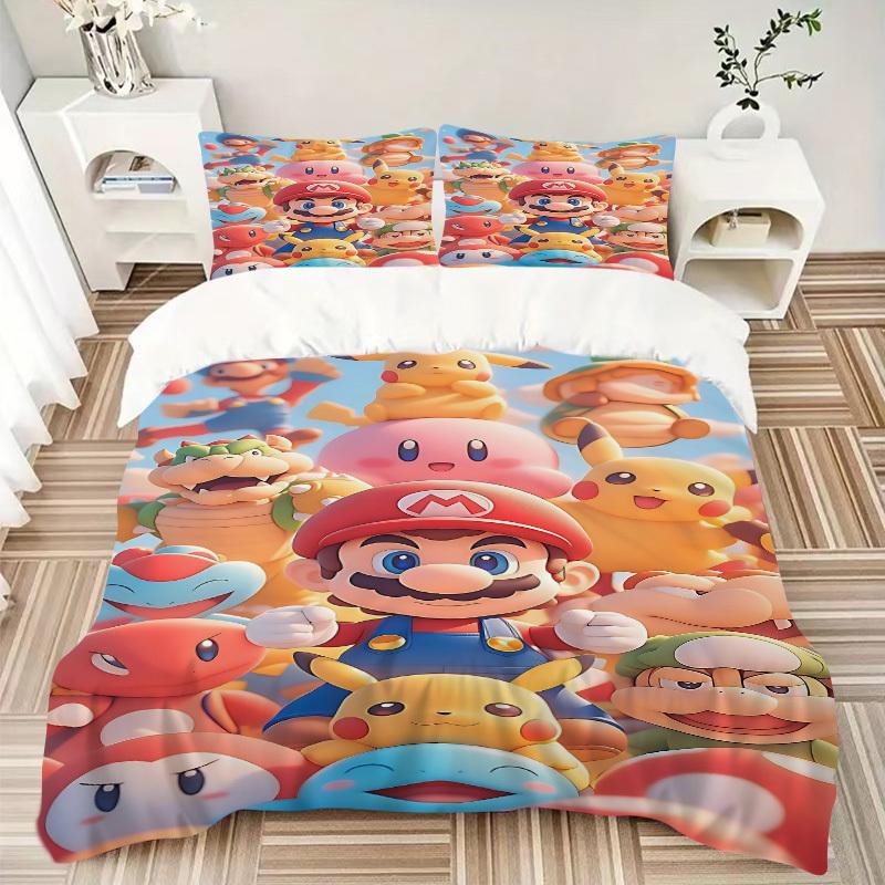 3pc Mario Pikachu Bedding Set Guest Room Bedroom Decor Christmas Halloween Decor Gifts- All Seasons (No Insert)a1013113