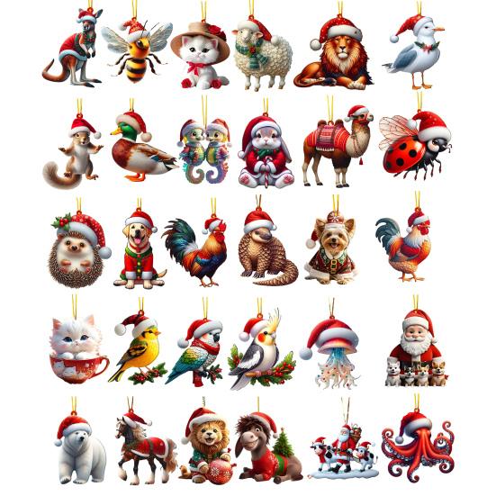 Christmas Ornaments for Tree Acrylic Cartoon Animal Car Rear Mirror Hanging Charm 2D Flat Cat/Dog/Bear/Rabbit Pendant for Tree Auto Interior Accessory