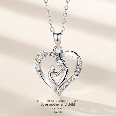 S925 Sterling Silver Heart-Shape Mother & Child Hug Pendant, European American Micro-Inlay Style, Creative Mother's Day Gift