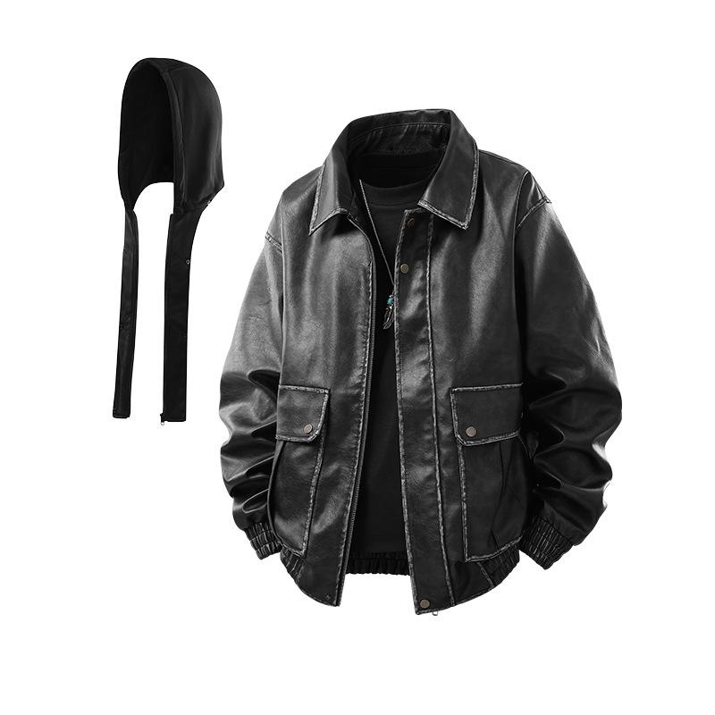 

American Retro Loose Leather Workwear Jacket: Trendy, Versatile Lapel Outerwear for Autumn/Winter 2X Large чорний